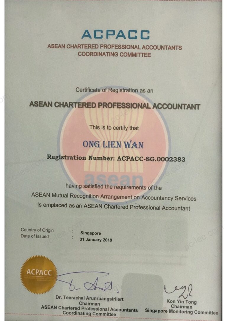 ASEAN Chartered Professional Accountant registration certificate for Ong Lien Wan of PC Lee & Co