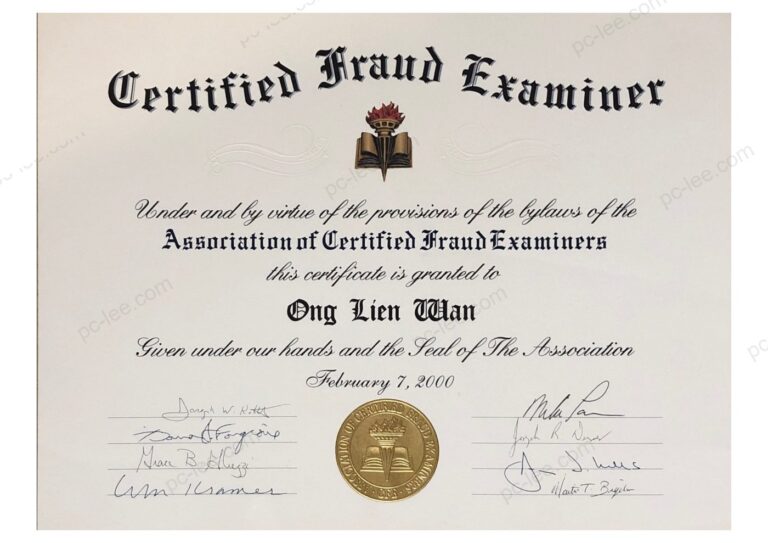 Certified Fraud Examiner (CFE) certificate from the Association of Certified Fraud Examiners for Ong Lien Wan