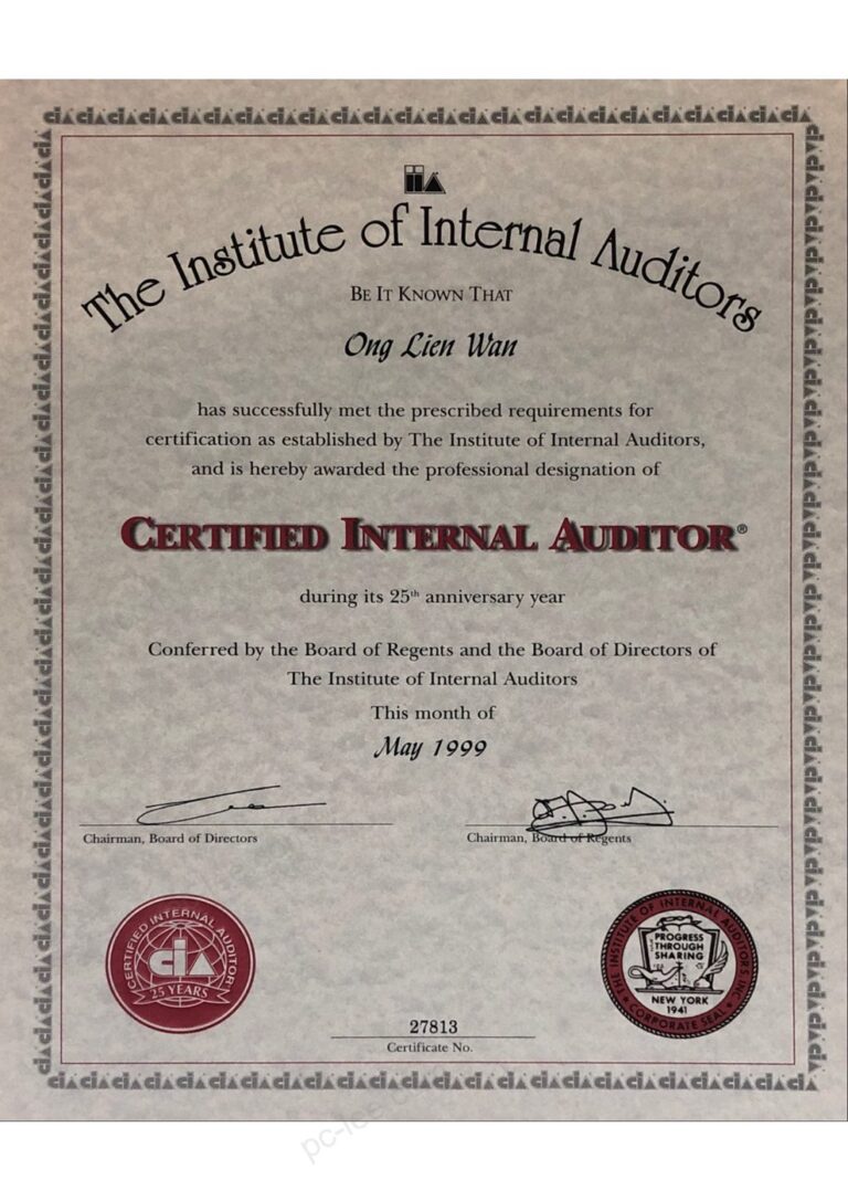 Certified Internal Auditor (CIA) certificate from The Institute of Internal Auditors for Ong Lien Wan