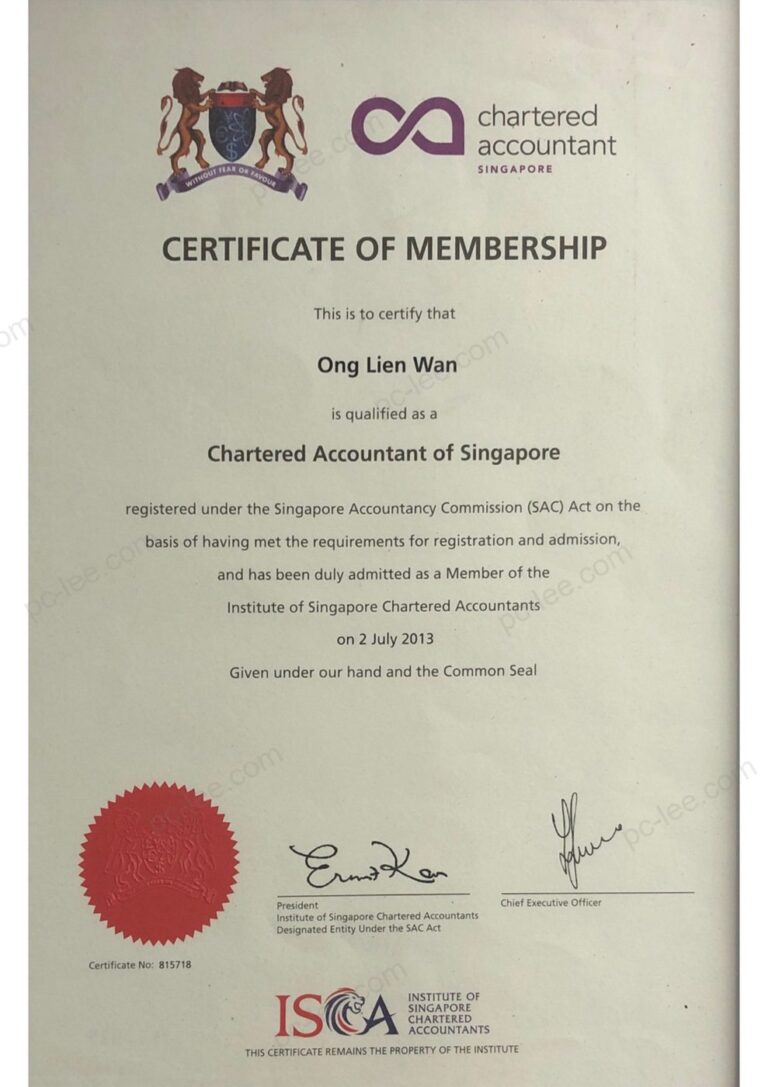 Chartered Accountant of Singapore membership certificate issued by ISCA to Ong Lien Wan of PC Lee & Co