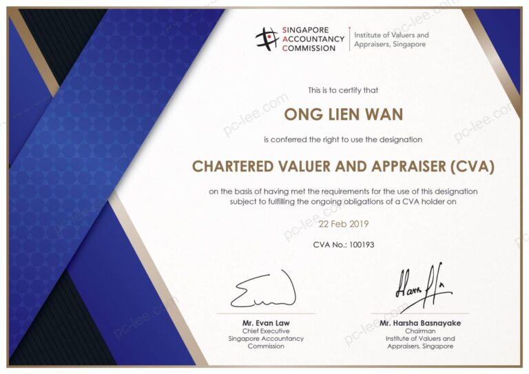Chartered Valuer and Appraiser (CVA) certificate from the Singapore Accountancy Commission for Ong Lien Wan