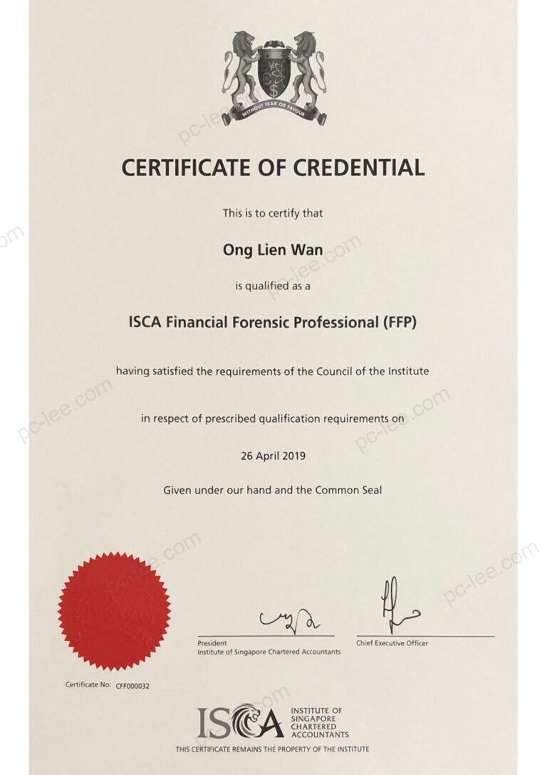 ISCA Financial Forensic Professional (FFP) credential certificate for Ong Lien Wan of PC Lee & Co