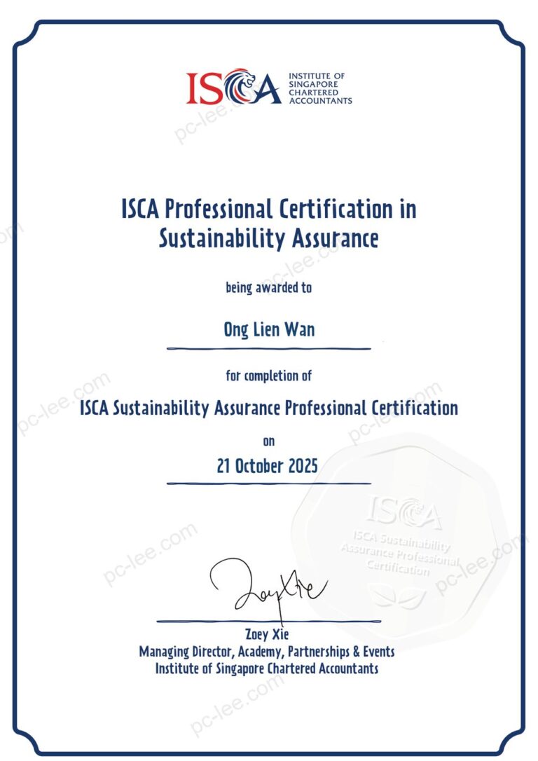 ISCA Professional Certification in Sustainability Assurance awarded to Ong Lien Wan in 2025
